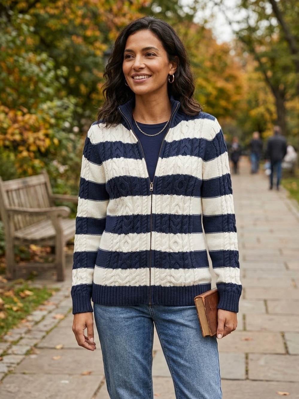 L.L. Bean Navy & Cream Striped Zip-Front Cable Knit Sweater Sz med NWT